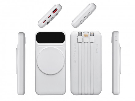 Магнитный беспроводной внешний аккумулятор со встроенными кабелями Мэни,быстаря зарядка, 10000 мАч, белый
