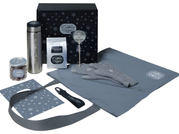 Подарочный набор с перчатками, термосом и чаем, серый