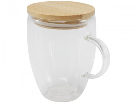 Стеклянная кружка Leona объемом 350 мл с бамбуковой крышкой - прозрачный