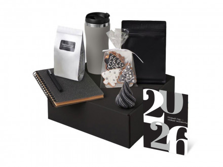 Подарочный набор c термокружкой, чаем, кофе и блокнотом, серый