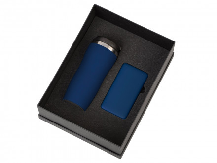 Подарочный набор c вакуумной термокружкой и повербанком С1, темно-синий