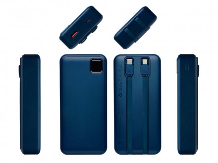 Внешний аккумулятор со встроенными кабелями Фрэйм Про, быстрая зарядка, 20000мач, тёмно-синий