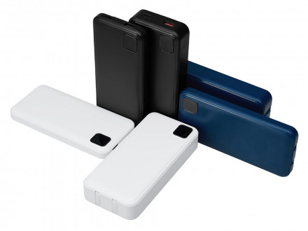 Внешний аккумулятор со встроенными кабелями Фрэйм Про, быстрая зарядка, 20000мач, тёмно-синий