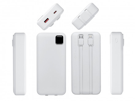 Внешний аккумулятор со встроенными кабелями Фрэйм Про, быстрая зарядка, 20000мач, белый