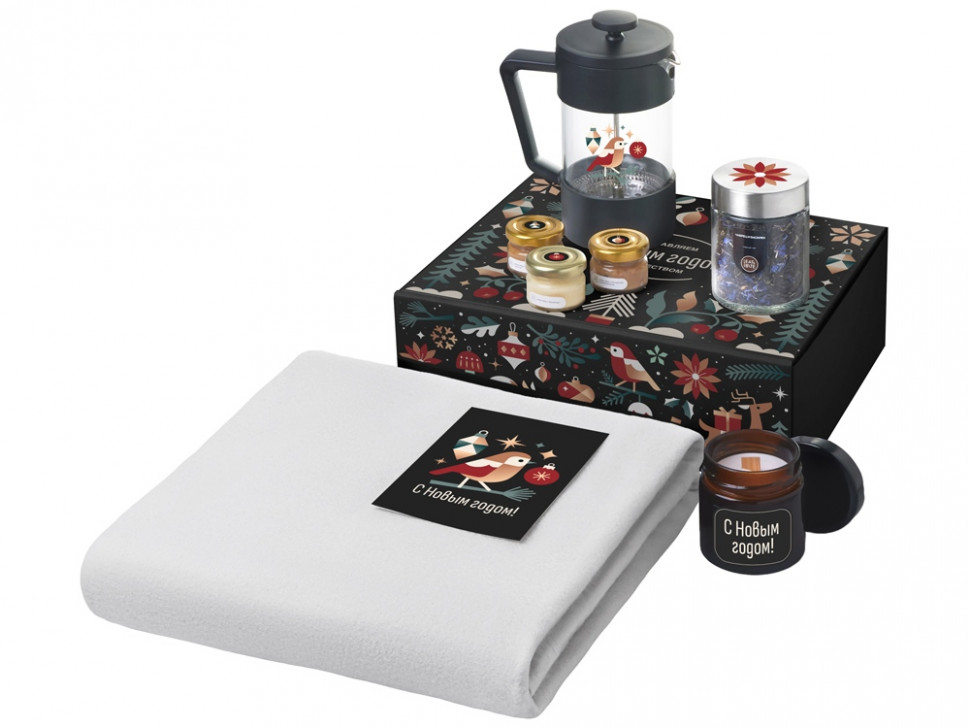 Подарочный набор c пледом, френчпрессом, чаем и медом, серый