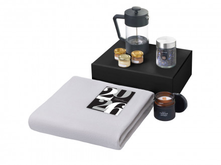 Подарочный набор c пледом, френчпрессом, чаем и медом, серый