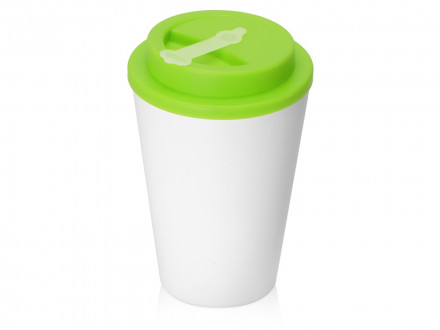 Пластиковый стакан Take away с двойными стенками и крышкой с силиконовым клапаном, 350 мл, белый/зел. Яблоко