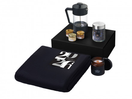 Подарочный набор c пледом, френчпрессом, чаем и медом, черный
