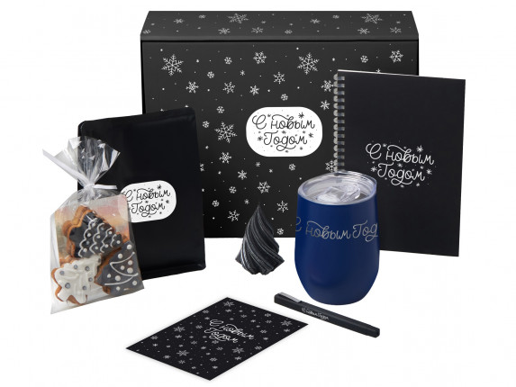 Подарочный набор c термокружкой, блокнотом, ручкой и свечкой, темно - синий