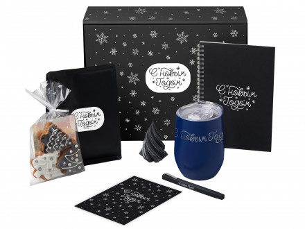 Подарочный набор c термокружкой, блокнотом, ручкой и свечкой, темно - синий